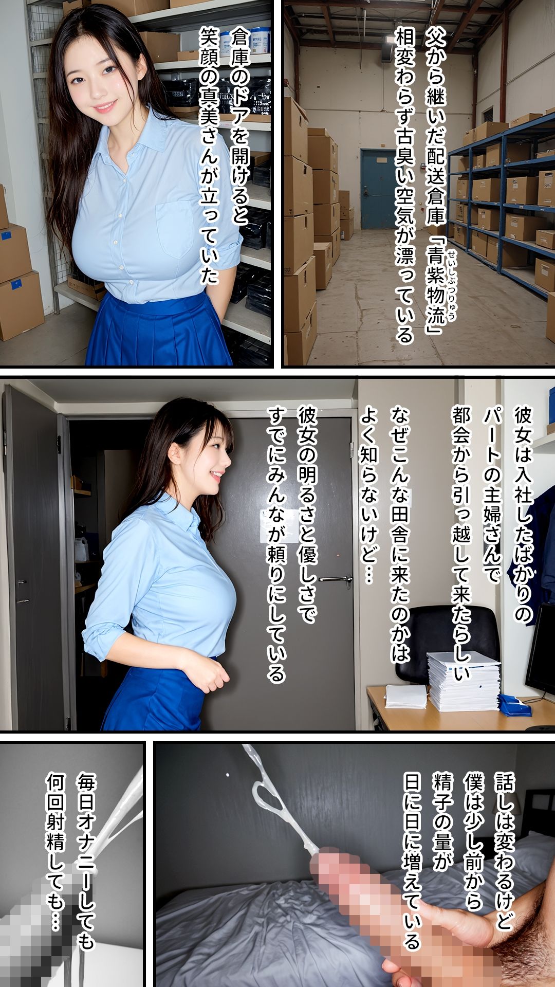 パート主婦に倉庫でこっそりザーメンぶっかけ|顔射・着衣・全身におねだりNTR大量射精|卑猥モザイク仕様|最上級AI生成リアル実写系 画像1